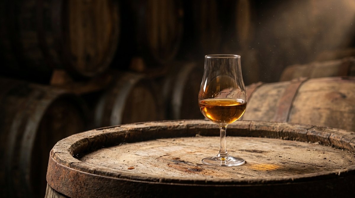Cálice de cachaça envelhecida sobre barril de madeira em adega