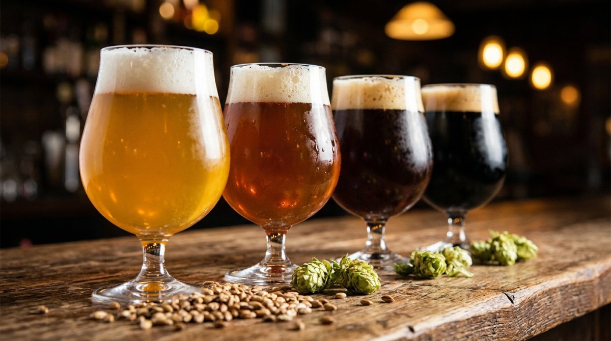 Quatro taças de cerveja artesanal dourada, âmbar, marrom e preta no balcão de um pub