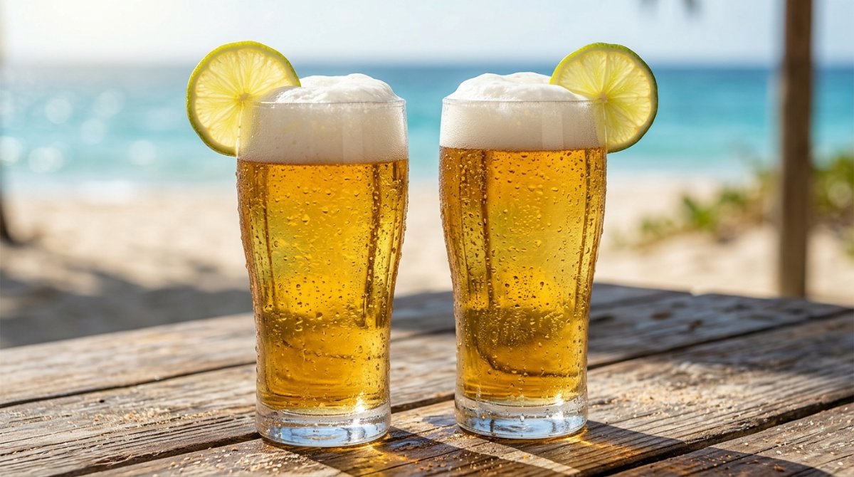 Copos de cerveja lager gelada com limão em quiosque de praia