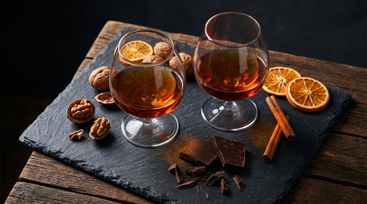 Copos de conhaque com nozes, chocolate amargo e laranja desidratada