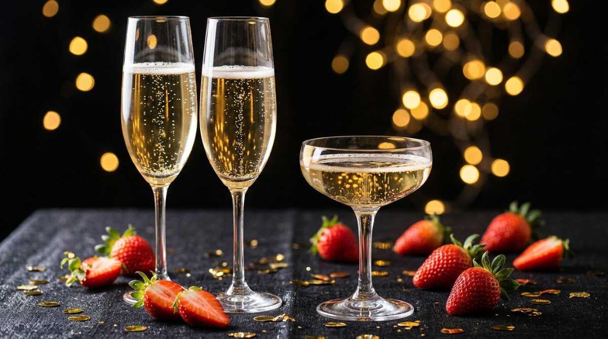 Taças flute e coupe com espumante e morangos em mesa de festa