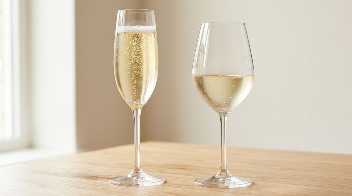 Taça flûte de espumante ao lado de taça de vinho frisante sobre mesa de madeira clara