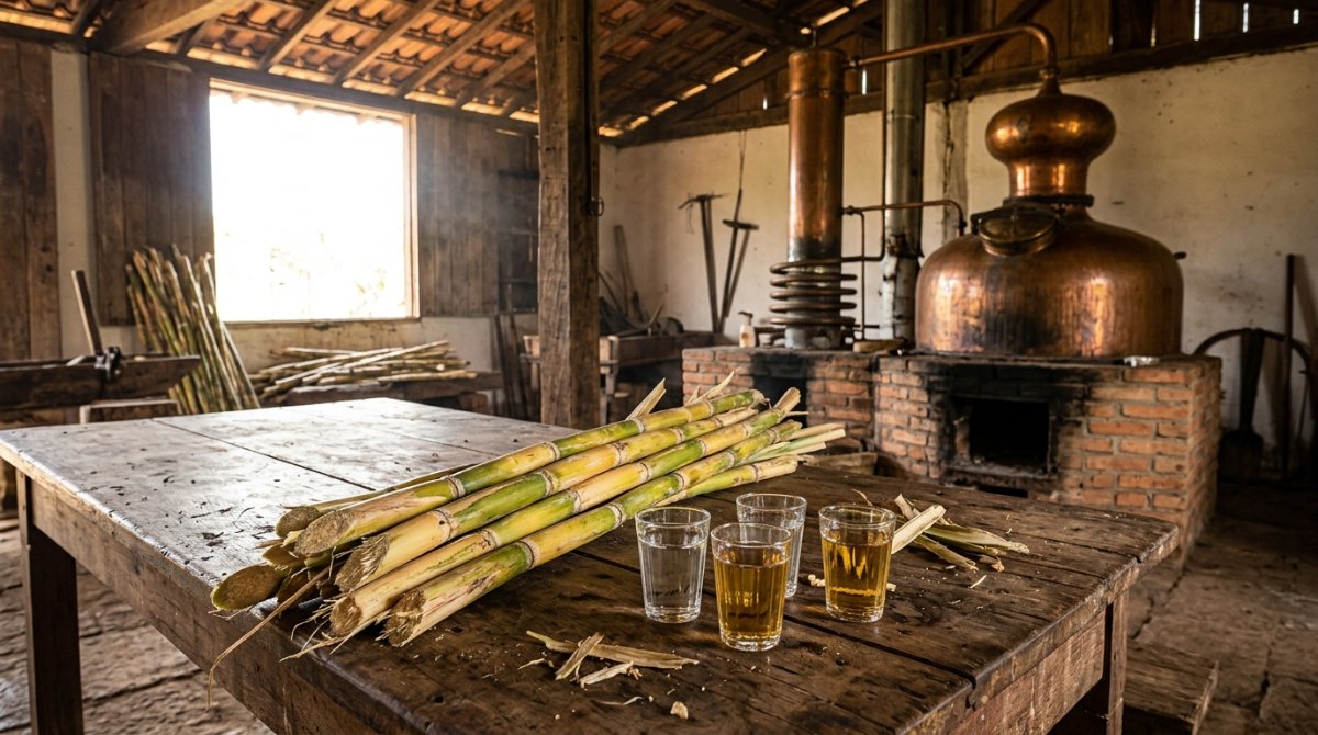 Engenho rústico com alambique de cobre, canas-de-açúcar e copinhos de cachaça