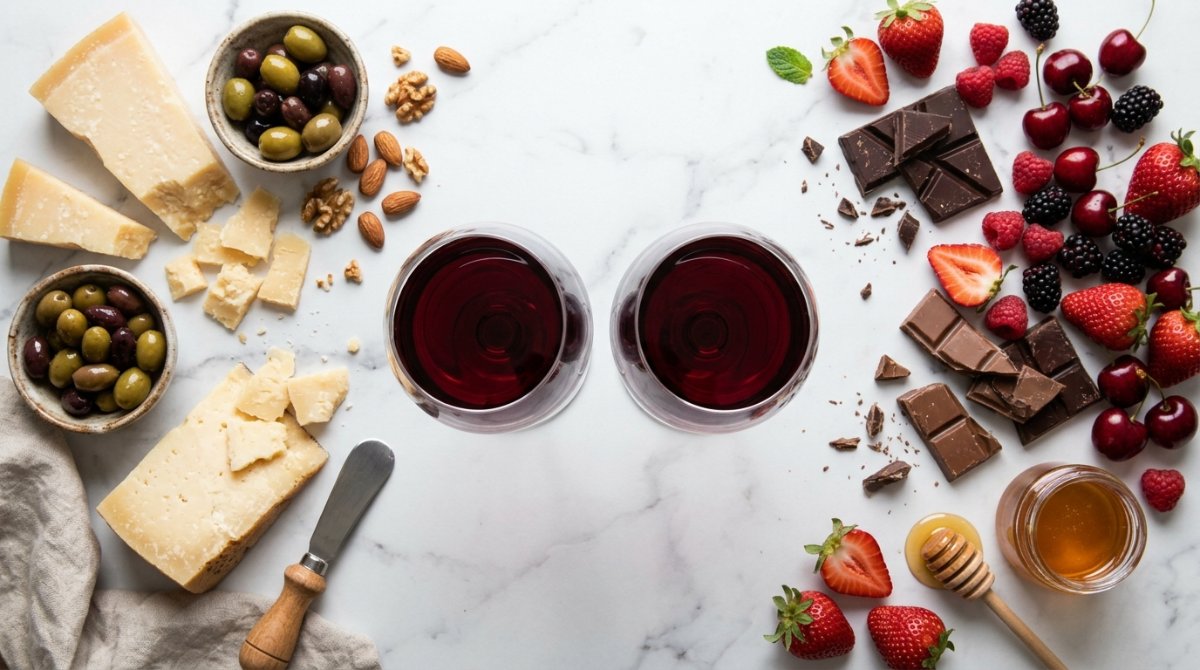 Duas taças de vinho tinto com queijos de um lado e frutas e chocolate do outro