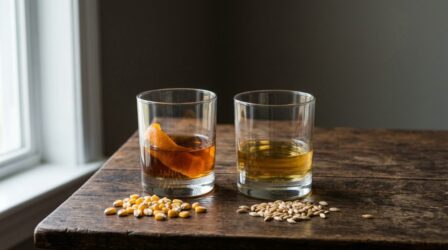 Dois copos de whisky lado a lado com grãos de milho e cevada