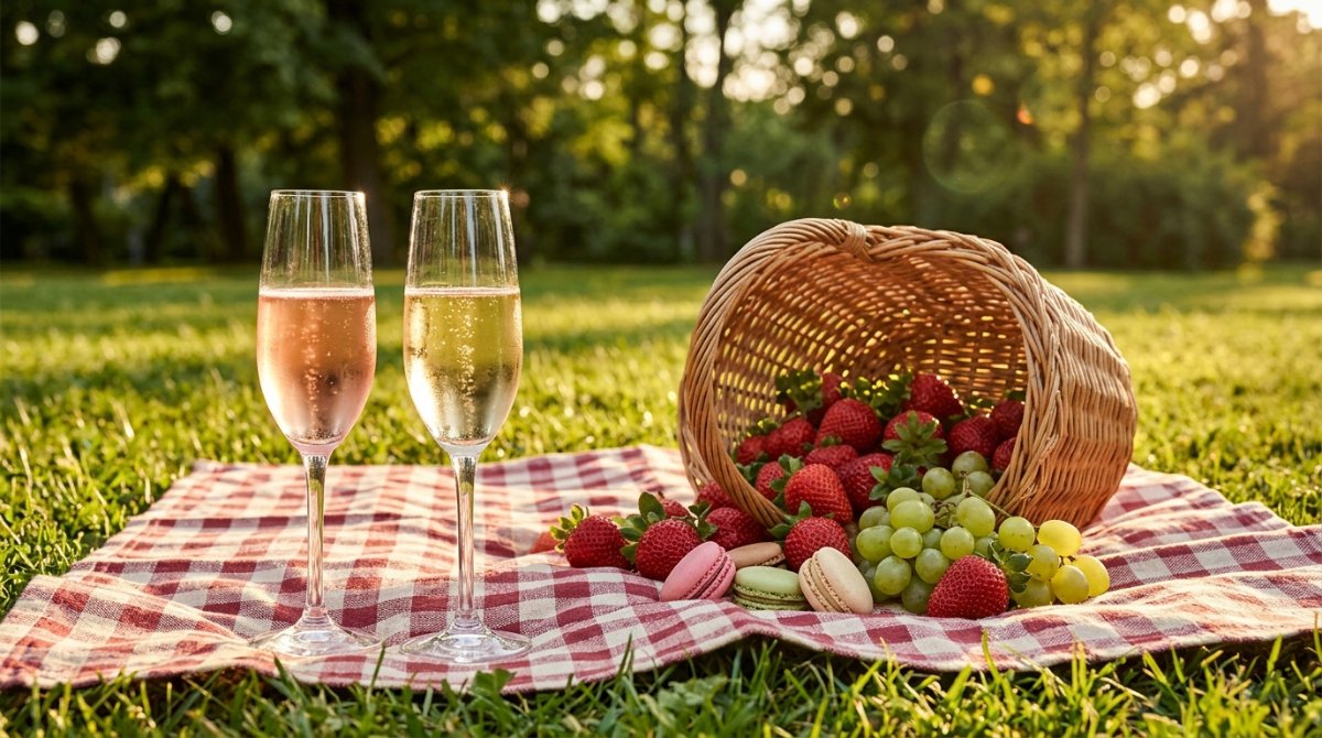 Taças de espumante rosé e dourado em piquenique com morangos e uvas
