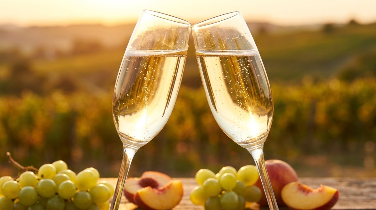 Duas taças de espumante brindando com uvas moscatel e pêssegos diante de um vinhedo ao entardecer