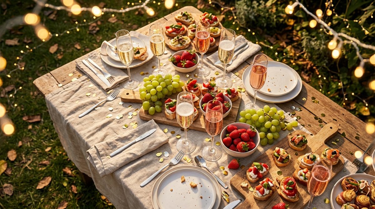 Mesa de festa ao ar livre com taças de espumante branco e rosé