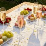 Taças flute de espumante dourado e rosé em mesa de festa com morangos e macarons