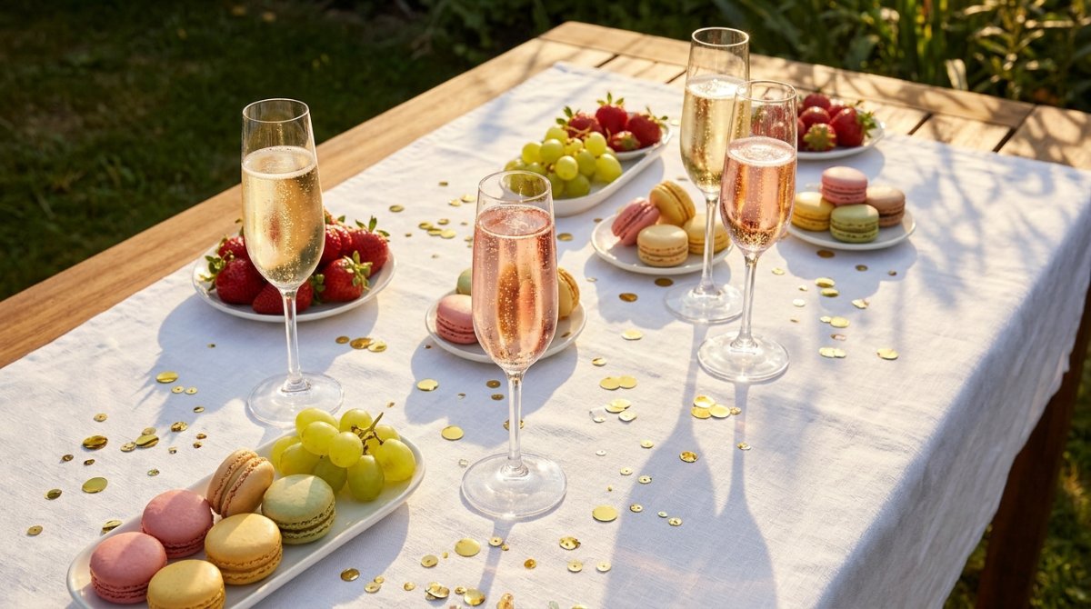 Taças flute de espumante dourado e rosé em mesa de festa com morangos e macarons