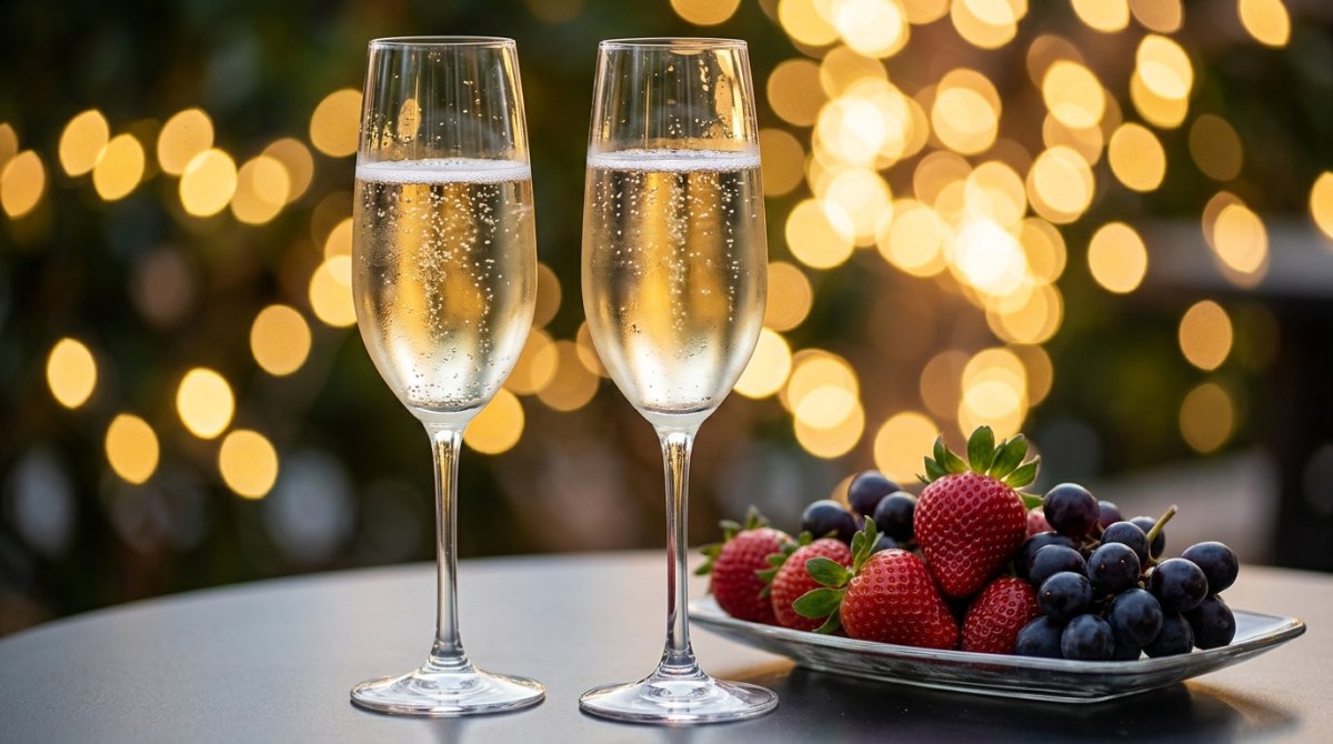 Duas taças de espumante com morangos e uvas em fundo festivo