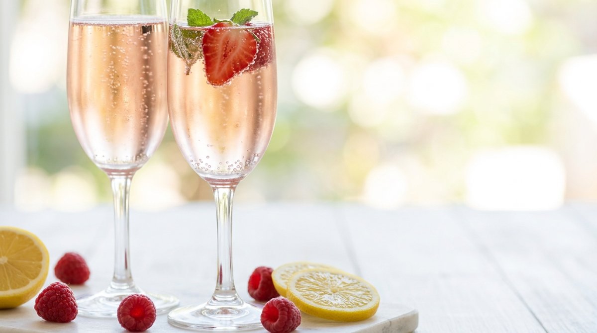 Taças de espumante rosado com morango, hortelã e framboesas
