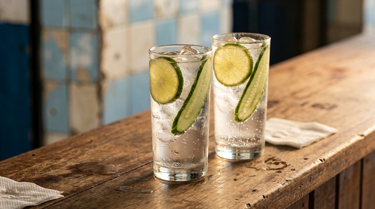 Copos de gin tônica com limão e pepino em balcão de boteco
