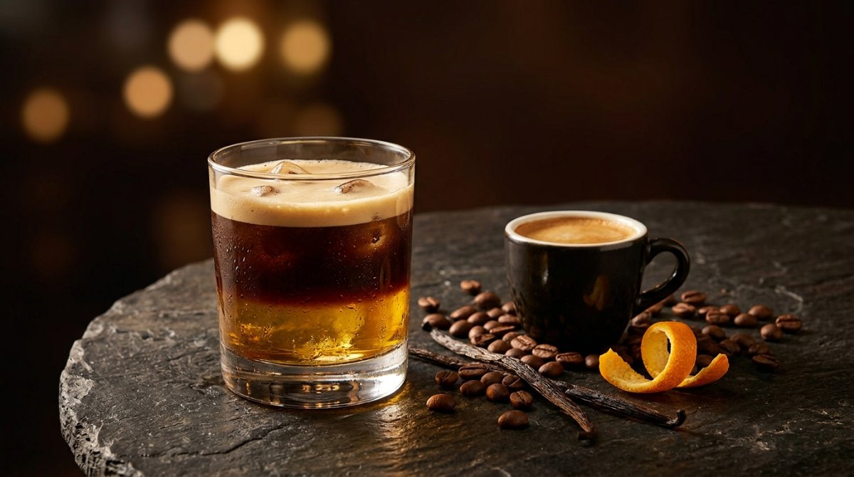 Drink carajillo com café espresso, grãos de café e casca de laranja