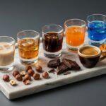 Copinhos de licores coloridos em bandeja de mármore com café, avelãs e chocolate