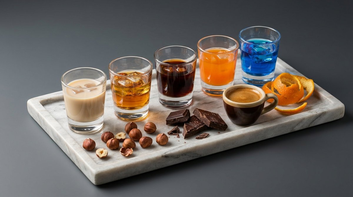 Copinhos de licores coloridos em bandeja de mármore com café, avelãs e chocolate