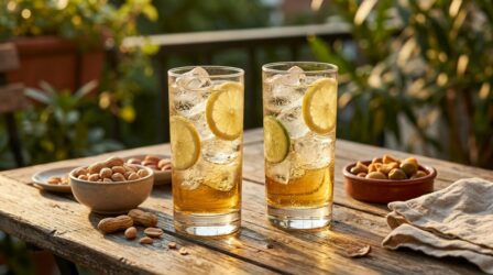 Copos de highball de whisky com água com gás e limão em varanda