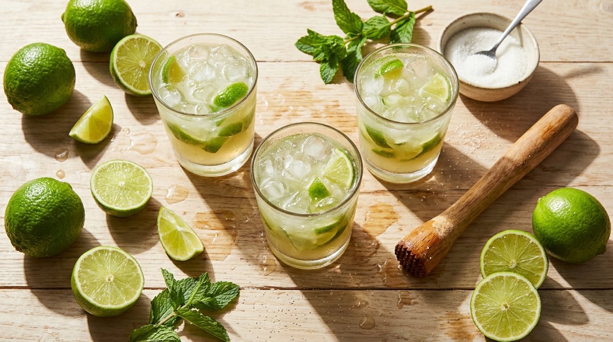 Caipirinhas de limão com socador, açúcar e hortelã vistas de cima