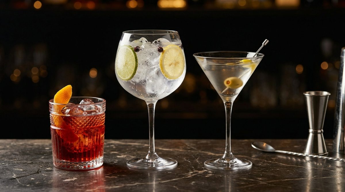 Negroni, gin tônica e dry martini em balcão de bar de mármore