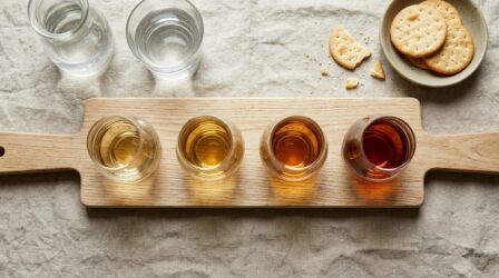 Copos de degustação com whiskies de cores diferentes vistos de cima