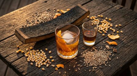 Coquetel Old Fashioned e dose de bourbon com grãos de milho e centeio e aduela de barril queimado