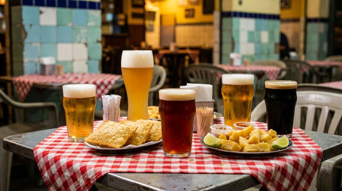 Copos de cervejas de estilos diferentes em mesa de boteco com petiscos