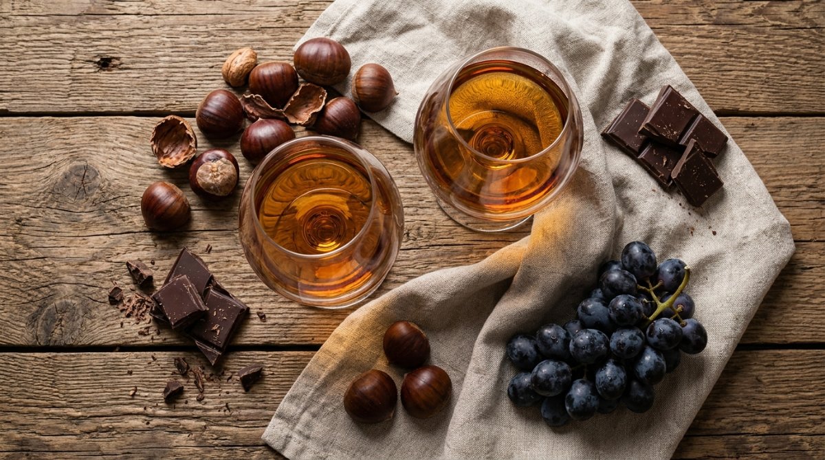 Duas taças de conhaque com castanhas, chocolate e uvas sobre mesa de madeira
