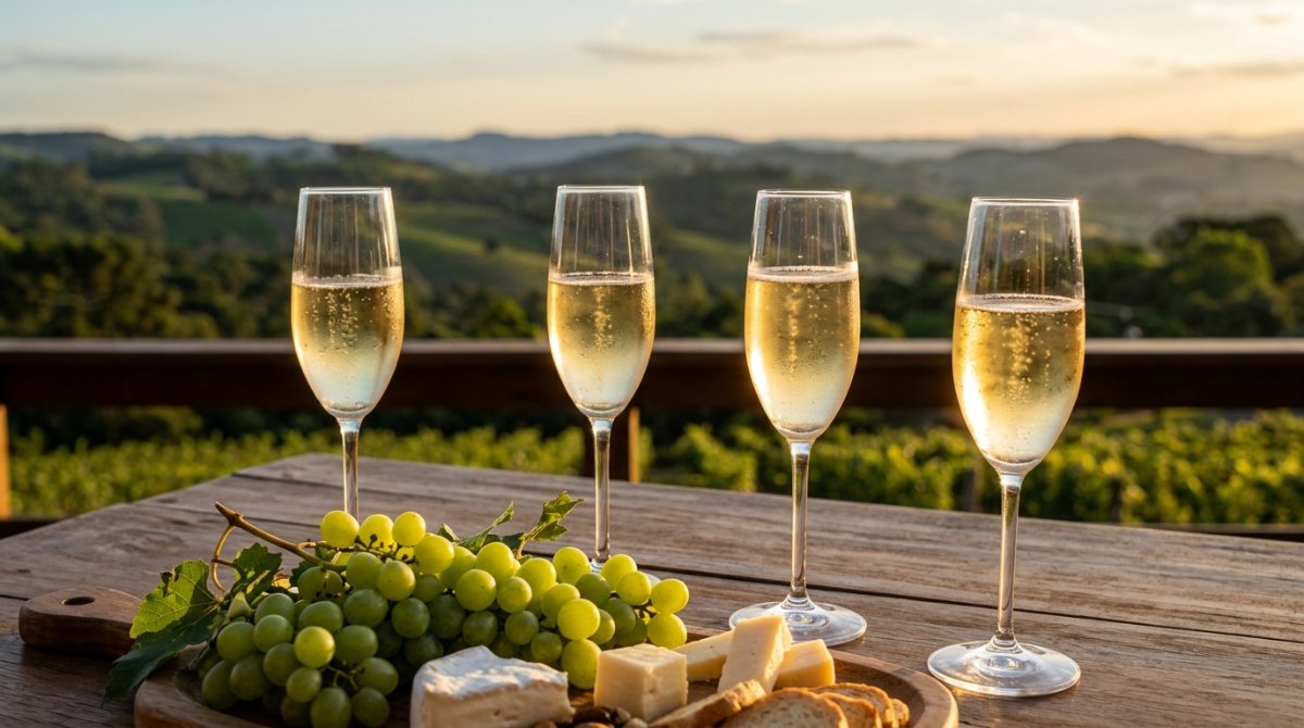 Taças de espumante em mesa de varanda com vinhedos ao fundo