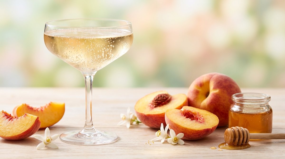 Taça de espumante moscatel com pêssegos, flores de laranjeira e mel