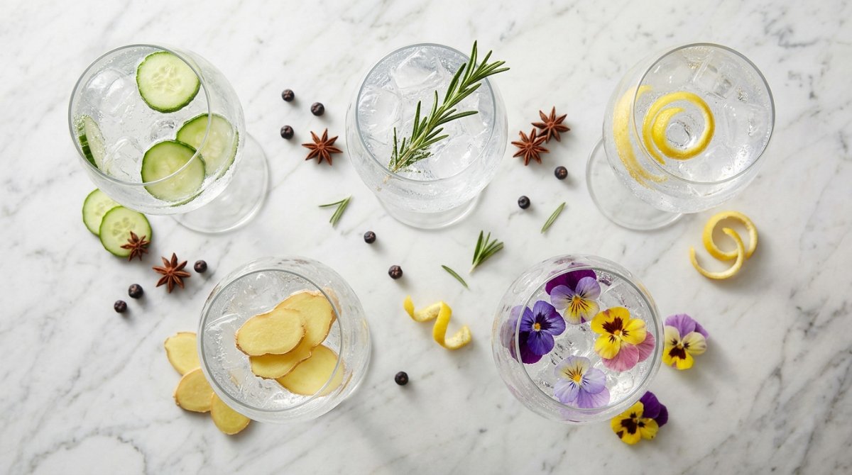 Taças de gin tônica com guarnições variadas vistas de cima