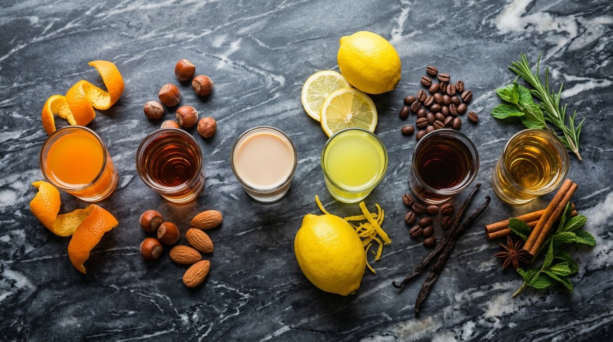 Copos de licores coloridos com laranja, avelãs, amêndoas e café vistos de cima