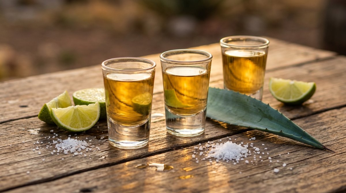 Copinhos de tequila com limão, sal e folha de agave em mesa de madeira