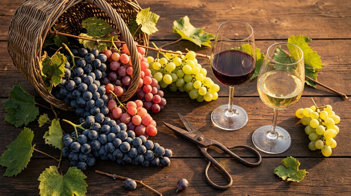 Cachos de uvas variadas com taças de vinho tinto e branco em mesa rústica