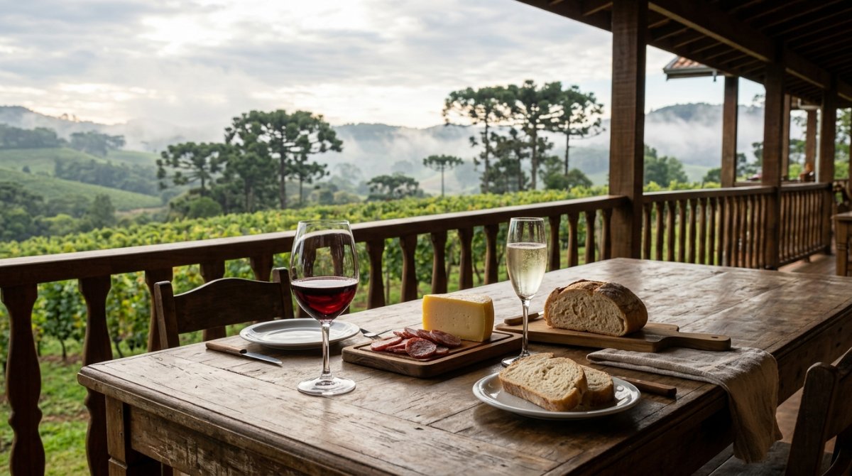 Taças de vinho tinto e espumante em varanda de vinícola com araucárias ao fundo