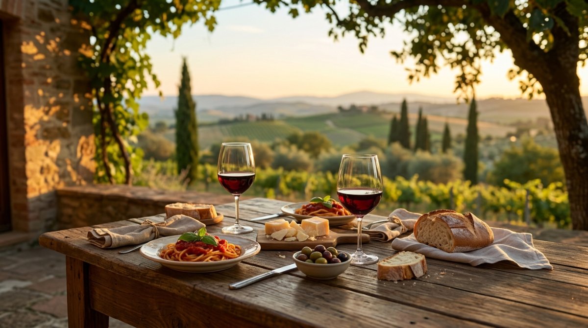 Mesa ao ar livre na Toscana com taças de vinho tinto, massa e queijo