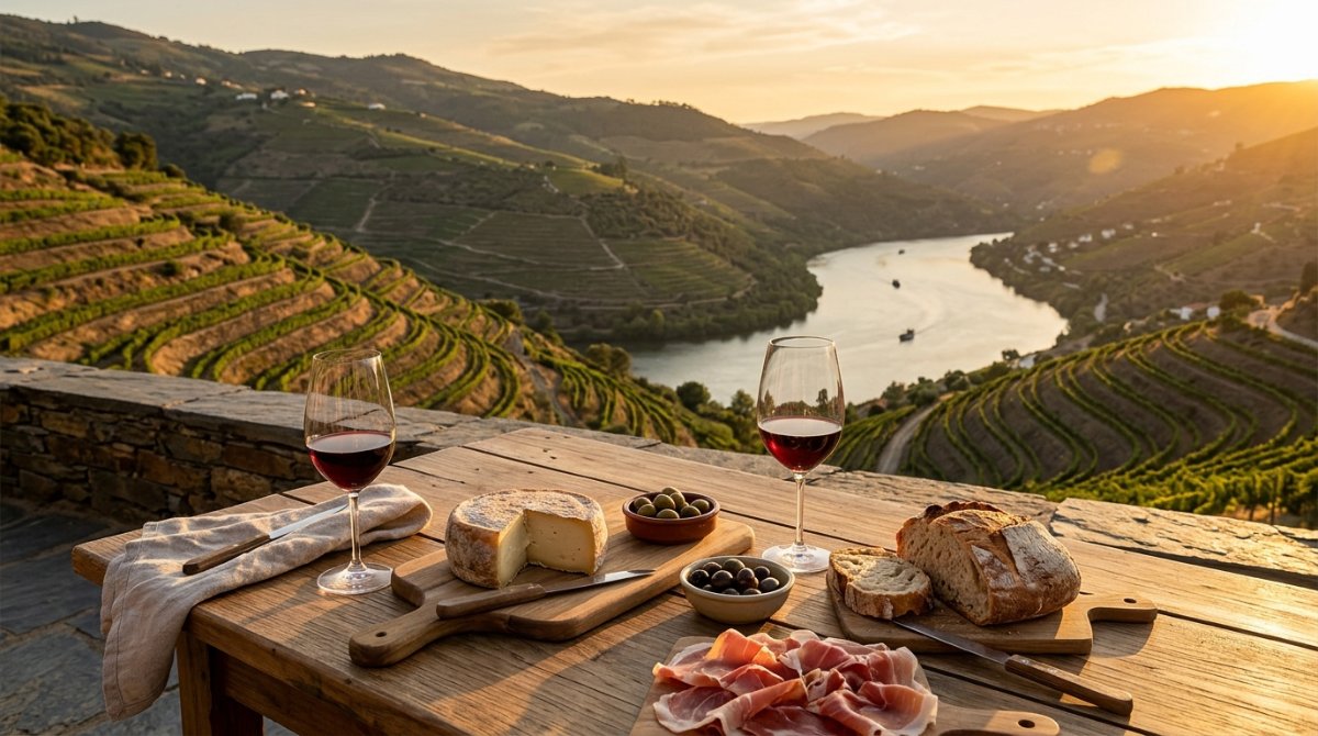 Mesa com taças de vinho tinto e petiscos com vista para os vinhedos do Douro