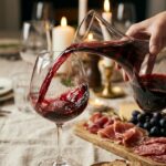 Vinho tinto sendo servido do decanter na taça sobre mesa de jantar com frios, queijos e velas