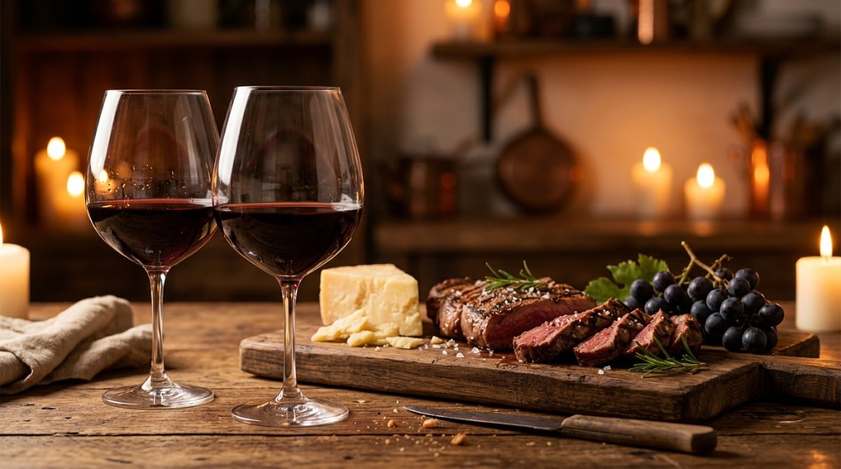 Duas taças de vinho tinto seco com tábua de carnes e queijos à luz de velas