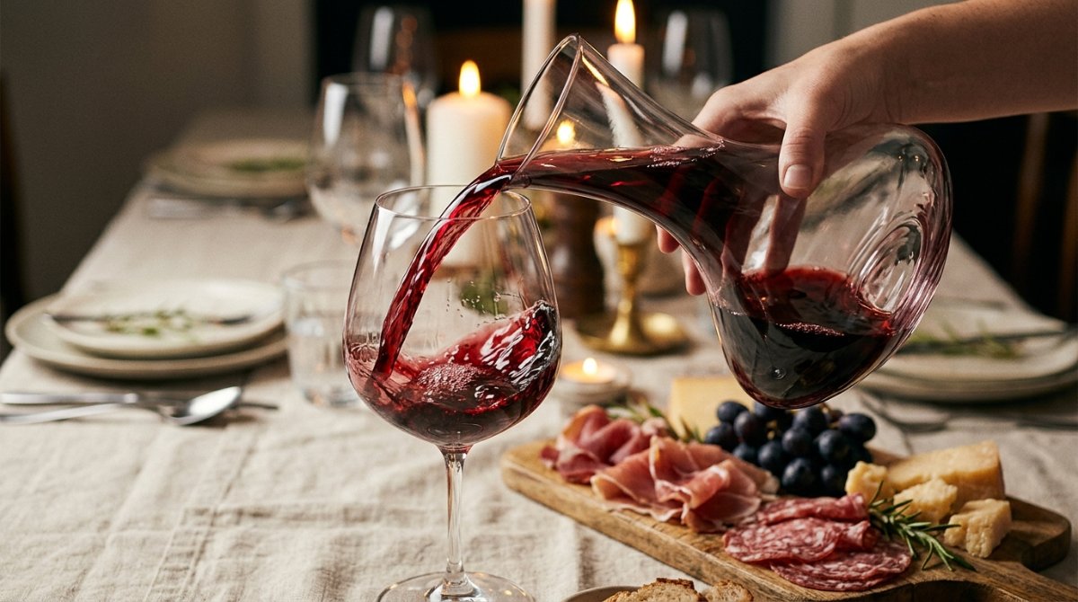 Vinho tinto sendo servido do decanter na taça sobre mesa de jantar com frios, queijos e velas