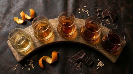 Cinco copos de whisky em tons de âmbar sobre aduela de barril, com casca de laranja e chocolate amargo, vistos de cima