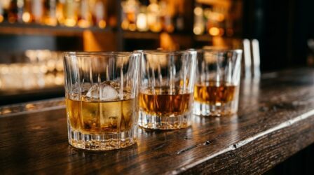 Três copos de whisky alinhados no balcão de um bar, um deles com pedra de gelo