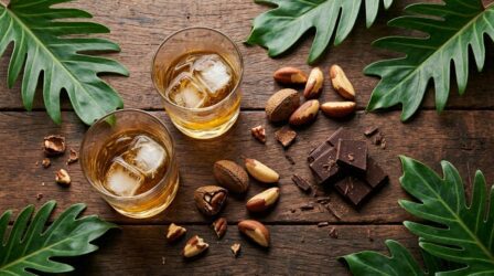 Dois copos de whisky com gelo, castanhas e chocolate amargo sobre madeira escura