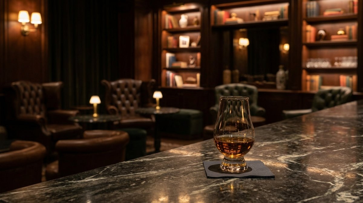 Copo de whisky sobre balcão de mármore em bar elegante