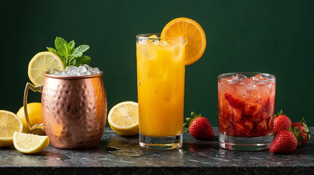 Três drinks com vodka: caneca de cobre, suco de laranja e caipiroska de morango