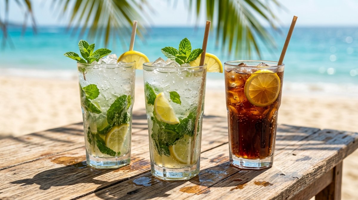 Copos de mojito e cuba libre em mesa de quiosque de praia