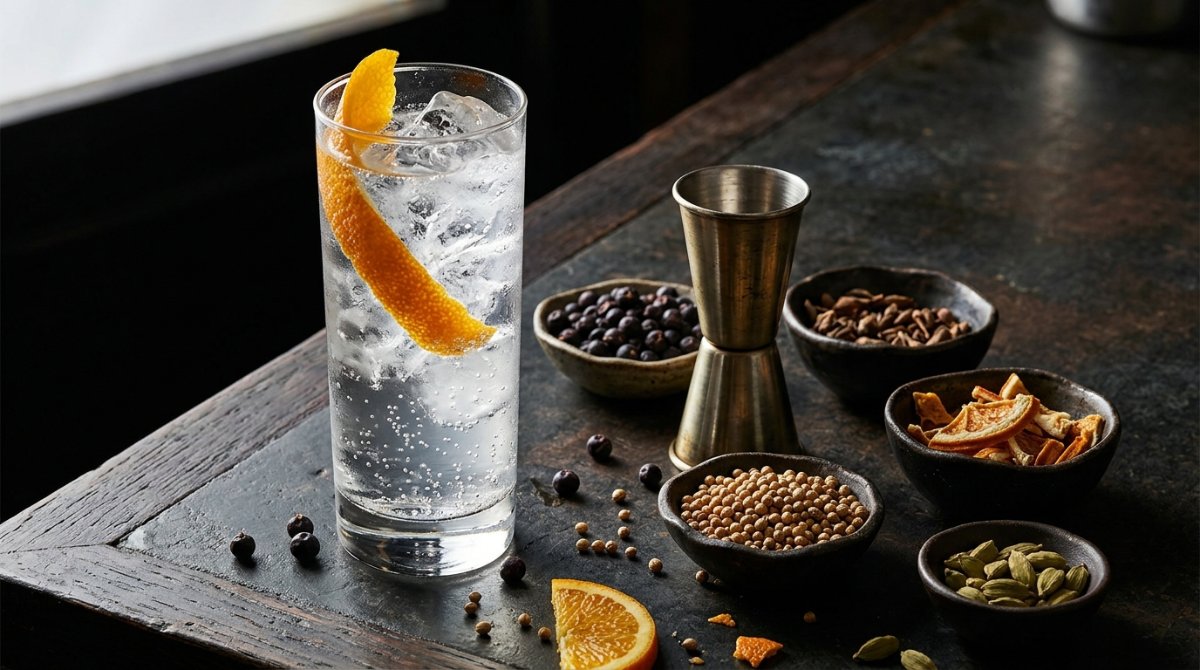 Copo de gin tônica com dosador e botânicos em balcão escuro