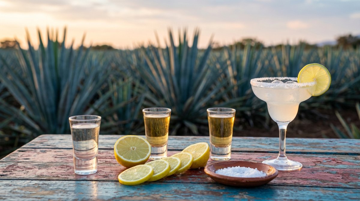Doses de tequila prata e dourada com limão, sal e margarita diante de plantação de agave azul