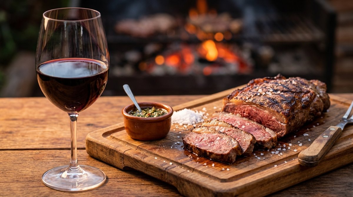 Taça de vinho Malbec com carne grelhada e chimichurri