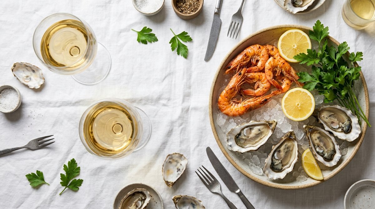 Taças de vinho branco seco com camarões, ostras e limão vistas de cima