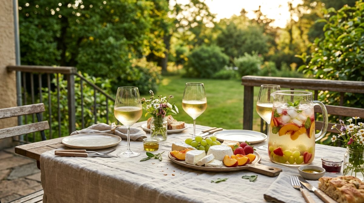 Taças de vinho branco gelado em mesa ao ar livre com frutas e queijos